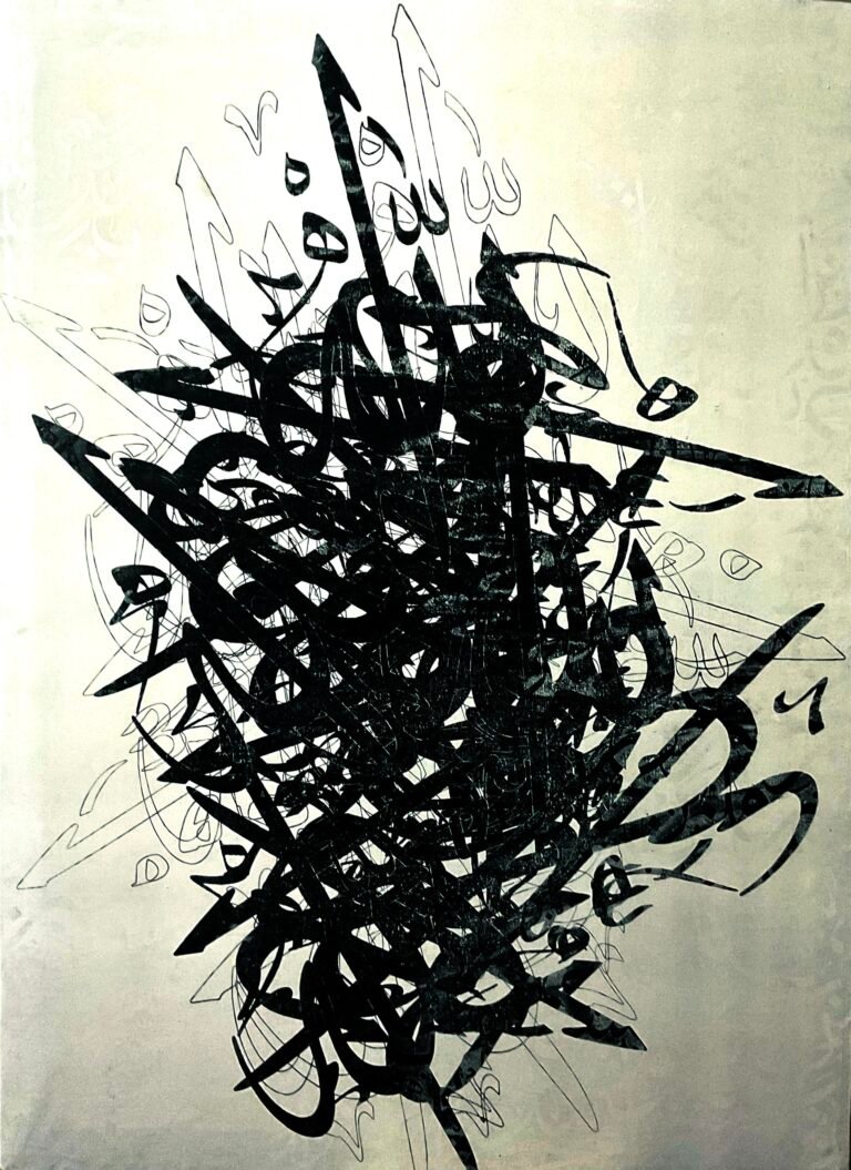 The One by Shiblee Muneer — Black ink on white-coated canvas, glazed with transparent resin. Part of the exhibition 'The Submission' at ArtScene Gallery.