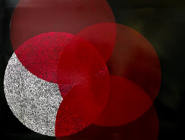 The miracle 2 by Shiblee Muneer — Silver leaf layered over red color film on black-coated canvas, glazed with transparent resin. Part of the exhibition 'The Submission' at ArtScene Gallery.