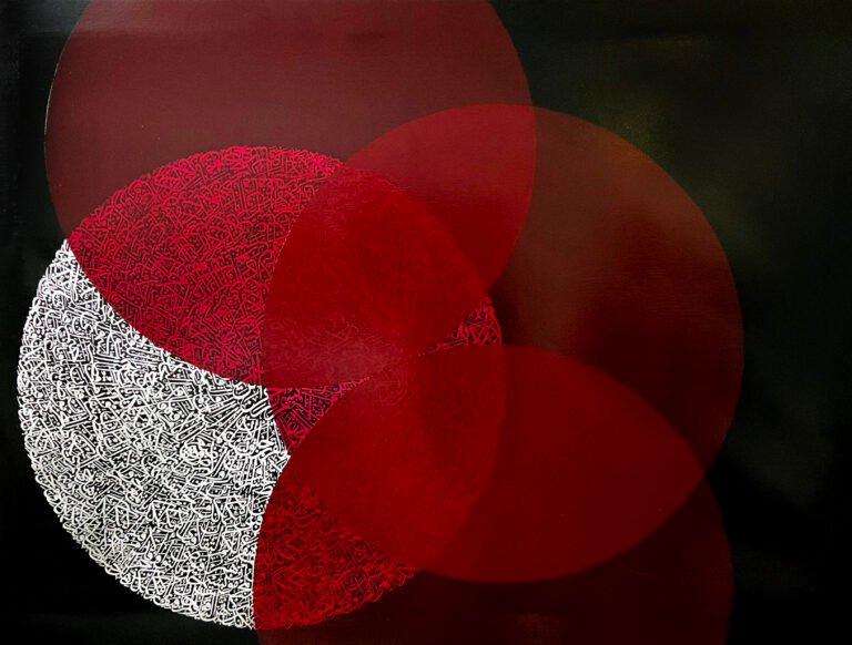 The miracle 2 by Shiblee Muneer — Silver leaf layered over red color film on black-coated canvas, glazed with transparent resin. Part of the exhibition 'The Submission' at ArtScene Gallery.
