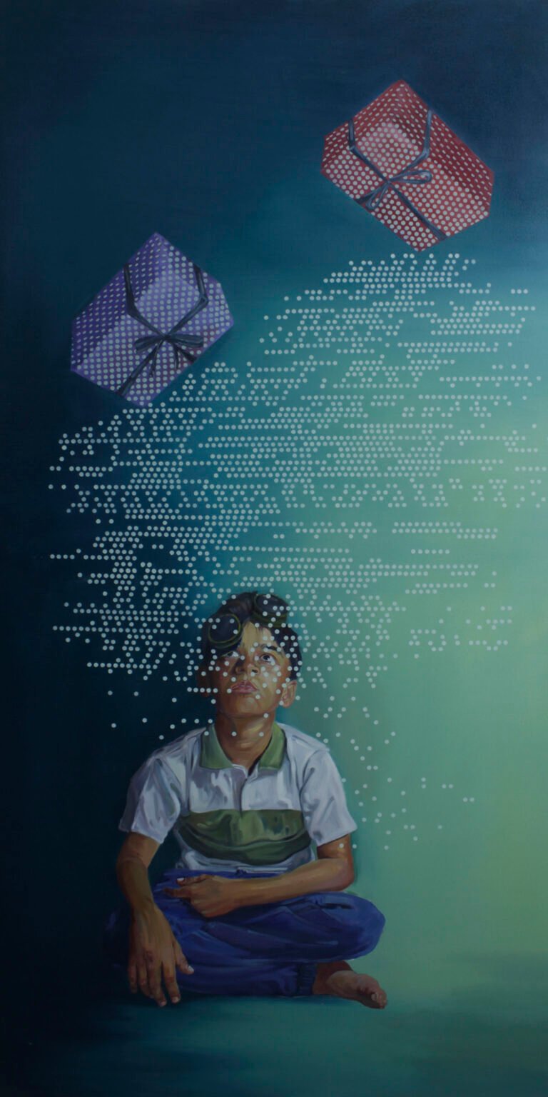 The Drops of Rain by Akash Jivraj – Oil on canvas, 76 × 152 cm