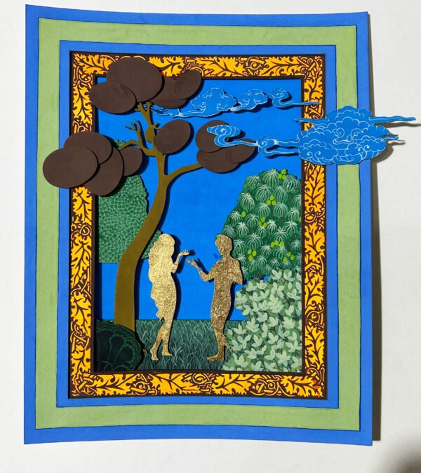 The First Sin from 'Within Reach' — Laser cut Wasli, fluorescent and opaque gouache on wasli with gold leaf. Contemporary miniature art at ArtScene Gallery.