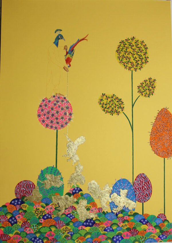 The Political Landscape from 'Within Reach' — Gouache and 24 karat gold leaf on wasli paper. Contemporary miniature art at ArtScene Gallery.