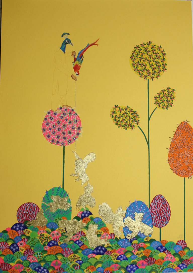 The Political Landscape from 'Within Reach' — Gouache and 24 karat gold leaf on wasli paper. Contemporary miniature art at ArtScene Gallery.