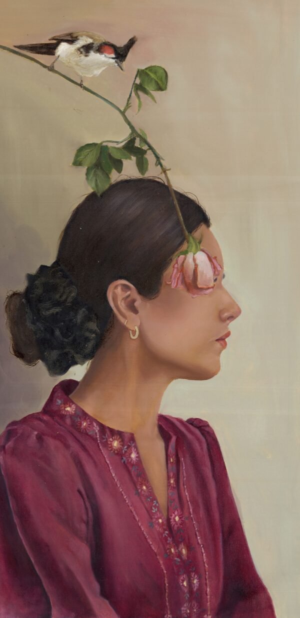 Petals & Plumage – 1 by Marwa Hafeez – Oil on canvas, 69 × 36 cm