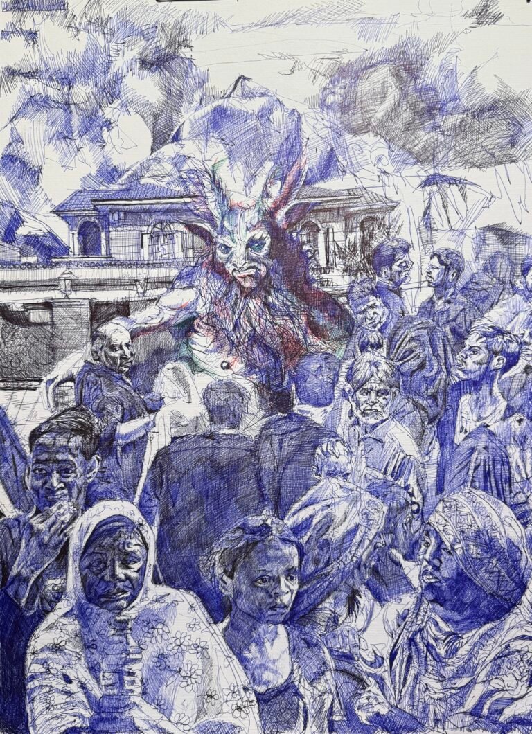 Frisk the foe by Ghazi Sikander – Ink on paper, 51 × 76 cm